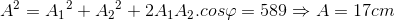 A^{2}={A_{1}}^{2}+{A_{2}}^{2}+2A_{1}A_{2}.cos\varphi =589\Rightarrow A=17cm