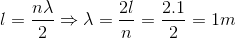 l=\frac{n\lambda }{2}\Rightarrow \lambda =\frac{2l}{n}=\frac{2.1}{2}=1m