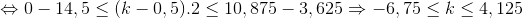 \Leftrightarrow 0-14,5\leq (k-0,5).2\leq 10,875-3,625\Rightarrow -6,75\leq k\leq 4,125