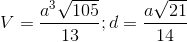 V=\frac{a^{3}\sqrt{105}}{13}; d= \frac{a\sqrt{21}}{14}