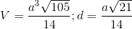 V=\frac{a^{3}\sqrt{105}}{14}; d= \frac{a\sqrt{21}}{14}