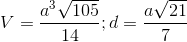 V=\frac{a^{3}\sqrt{105}}{14}; d= \frac{a\sqrt{21}}{7}