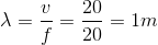 \lambda =\frac{v}{f}=\frac{20}{20}=1m