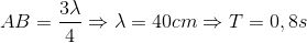 AB=\frac{3\lambda }{4}\Rightarrow \lambda =40cm\Rightarrow T=0,8s