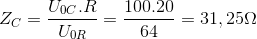 Z_{C}=\frac{U_{0C}.R}{U_{0R}}=\frac{100.20}{64}=31,25\Omega