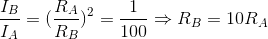 \frac{I_{B}}{I_{A}}=(\frac{R_{A}}{R_{B}})^{2}=\frac{1}{100}\Rightarrow R_{B}=10R_{A}