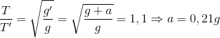 \frac{T}e_T}'}=\sqrt{\frac{{g}'}{g=\sqrt{\frac{g+a}{g}}=1,1\Rightarrow a=0,21g