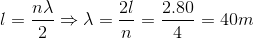 l=\frac{n\lambda }{2}\Rightarrow \lambda =\frac{2l}{n}=\frac{2.80}{4}=40m
