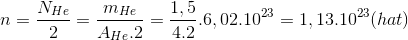 n=\frac{N_{He}}{2}=\frac{m_{He}}{A_{He}.2}=\frac{1,5}{4.2}.6,02.10^{23}=1,13.10^{23}(hat)