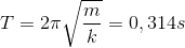 T=2\pi \sqrt{\frac{m}{k}}=0,314s