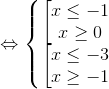 \Leftrightarrow \left\{\begin{matrix} \left [\begin{matrix} x\leq -1 & & \\ x\geq 0 & & \end{matrix} & & \\ \left \left [\begin{matrix} x\leq -3 & & \\ x\geq -1 & & \end{matrix} & & \end{matrix}\right.