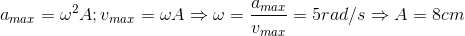a_{max}=\omega ^{2}A;v_{max}=\omega A\Rightarrow \omega =\frac{a_{max}}{v_{max}}=5rad/s\Rightarrow A=8cm