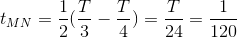 t_{MN}=\frac{1}{2}(\frac{T}{3}-\frac{T}{4})=\frac{T}{24}=\frac{1}{120}