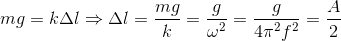 mg=k\Delta l\Rightarrow \Delta l=\frac{mg}{k}=\frac{g}{\omega ^{2}}=\frac{g}{4\pi ^{2}f^{2}}=\frac{A}{2}