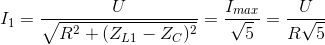 I_{1}=\frac{U}{\sqrt{R^{2}+(Z_{L1}-Z_{C})^{2}}}=\frac{I_{max}}{\sqrt{5}}=\frac{U}{R\sqrt{5}}