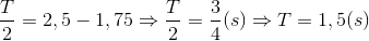 \frac{T}{2}=2,5-1,75 \Rightarrow \frac{T}{2}=\frac{3}{4}(s)\Rightarrow T=1,5(s)