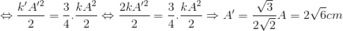 \Leftrightarrow \frac{k{}'{A}'^{2}}{2}=\frac{3}{4}.\frac{kA^{2}}{2}\Leftrightarrow \frac{2kA{}'^{2}}{2}=\frac{3}{4}.\frac{kA^{2}}{2}\Rightarrow A{}'=\frac{\sqrt{3}}{2\sqrt{2}}A=2\sqrt{6}cm