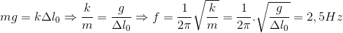 mg=k\Delta l_{0}\Rightarrow \frac{k}{m}=\frac{g}{\Delta l_{0}}\Rightarrow f=\frac{1}{2\pi }\sqrt{\frac{k}{m}}=\frac{1}{2\pi }.\sqrt{\frac{g}{\Delta l_{0}}}=2,5Hz