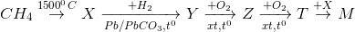 CH_{4}\overset{1500^{0}C}{\rightarrow}X\xrightarrow[Pb/PbCO_{3} , t^{0}]{+H_{2}}Y\xrightarrow[xt ,t^{0}]{+O_{2}}Z\xrightarrow[xt ,t^{0}]{+O_{2}}T\overset{+X}{\rightarrow}M