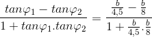 \frac{tan\varphi _{1}-tan\varphi _{2}}{1+tan\varphi _{1}.tan\varphi _{2}}=\frac{\frac{b}{4,5}-\frac{b}{8}}{1+\frac{b}{4,5}.\frac{b}{8}}