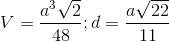 V=\frac{a^{3}\sqrt{2}}{48}; d=\frac{a\sqrt{22}}{11}