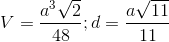 V=\frac{a^{3}\sqrt{2}}{48}; d=\frac{a\sqrt{11}}{11}