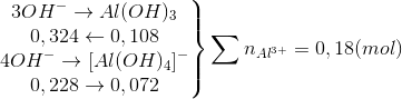 \left.\begin{matrix} 3OH^{-}\rightarrow Al(OH)_{3}\\ 0,324\leftarrow 0,108\\ 4OH^{-}\rightarrow [Al(OH)_{4}]^{-}\\ 0,228\rightarrow 0,072 \end{matrix}\right\}\sum n_{Al^{3+}}=0,18(mol)