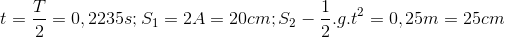 t=\frac{T}{2}=0,2235s;S_{1}=2A=20cm;S_{2}-\frac{1}{2}.g.t^{2}=0,25m=25cm
