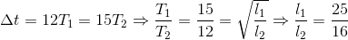 \Delta t=12T_{1}=15T_{2}\Rightarrow \frac{T_{1}}{T_{2}}=\frac{15}{12}=\sqrt{\frac{l_{1}}{l_{2}}}\Rightarrow \frac{l_{1}}{l_{2}}=\frac{25}{16}