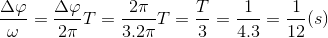 \frac{\Delta \varphi }{\omega }=\frac{\Delta \varphi }{2\pi }T=\frac{2\pi }{3.2\pi }T=\frac{T}{3}=\frac{1}{4.3}=\frac{1}{12}(s)