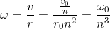 \omega =\frac{v}{r}=\frac{\frac{v_{0}}{n}}{r_{0}n^{2}}=\frac{\omega _{0}}{n^{3}}