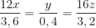 \frac{12x}{3,6}=\frac{y}{0,4}=\frac{16z}{3,2}