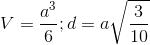 V=\frac{a^{3}}{6}; d=a\sqrt{\frac{3}{10}}