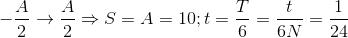 -\frac{A}{2}\rightarrow \frac{A}{2}\Rightarrow S=A=10; t=\frac{T}{6}=\frac{t}{6N}=\frac{1}{24}