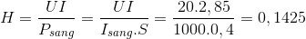 H=\frac{UI}{P_{sang}}=\frac{UI}{I_{sang}.S}=\frac{20.2,85}{1000.0,4}=0,1425