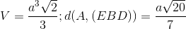 V=\frac{a^{3}\sqrt{2}}{3}; d(A,(EBD))=\frac{a\sqrt{20}}{7}