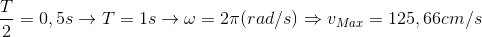 \frac{T}{2}=0,5s\rightarrow T=1s\rightarrow \omega =2\pi (rad/s)\Rightarrow v_{Max}=125,66cm/s