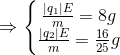 \Rightarrow \left\{\begin{matrix} \frac{|q_{1}|E}{m}=8g\\ \frac{|q_{2}|E}{m}=\frac{16}{25}g \end{matrix}\right.