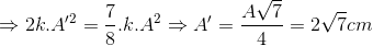 \Rightarrow 2k.A'^{2}=\frac{7}{8}.k.A^{2}\Rightarrow A'=\frac{A\sqrt{7}}{4}=2\sqrt{7}cm
