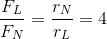 \frac{F_{L}}{F_{N}}=\frac{r_{N}}{r_{L}}= 4