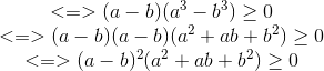 \begin{matrix} <=>(a-b)(a^{3}-b^{3})\geq 0\\ <=>(a-b)(a-b)(a^{2}+ab+b^{2})\geq 0 \\ <=>(a-b)^{2}(a^{2}+ab+b^{2})\geq 0 \end{matrix}