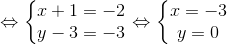 \Leftrightarrow \left\{\begin{matrix} x+1=-2 & \\ y-3=-3 & \end{matrix}\right.\Leftrightarrow \left\{\begin{matrix} x=-3 & \\ y=0 & \end{matrix}\right.