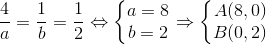 \frac{4}{a} = \frac{1}{b} = \frac{1}{2} \Leftrightarrow \left\{\begin{matrix} a=8 & \\ b=2 & \end{matrix}\right.\Rightarrow \left\{\begin{matrix} A(8, 0) & \\ B(0, 2) & \end{matrix}\right.