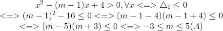 \begin{matrix} x^{2}-(m-1)x+4>0,\forall x<=>\bigtriangleup _{1}\leq 0\\ <=>(m-1)^{2}-16\leq 0<=>(m-1-4)(m-1+4)\leq 0 \\ <=>(m-5)(m+3)\leq 0<=>-3\leq m\leq 5(A) \end{matrix}