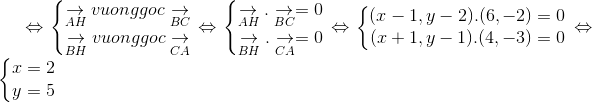Leftrightarrow left{egin{matrix} underset{AH}{ightarrow} vuong goc underset{BC}{ightarrow}& \ underset{BH}{ightarrow} vuong goc underset{CA}{ightarrow} & end{matrix}ight.Leftrightarrow left{egin{matrix} underset{AH}{ightarrow} . underset{BC}{ightarrow} = 0& \ underset{BH}{ightarrow} . underset{CA}{ightarrow} = 0 & end{matrix}ight.Leftrightarrow left{egin{matrix} (x-1, y-2).(6, -2) = 0& \ (x+1, y-1).(4, -3) = 0& end{matrix}ight.Leftrightarrow left{egin{matrix} x=2 & \ y=5 & end{matrix}ight.