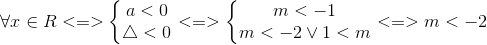 \forall x\in R<=>\left\{\begin{matrix} a<0\\\bigtriangleup <0 \end{matrix}\right.<=>\left\{\begin{matrix} m<-1\\m<-2\vee 1<m \end{matrix}\right.<=>m<-2