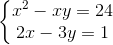 left{egin{matrix} x^{2}-xy=24 \2x-3y=1 end{matrix}
ight.