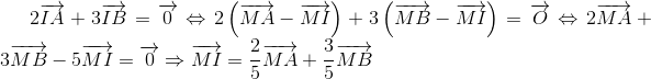 2overrightarrow{IA}+3overrightarrow{IB}=overrightarrow{0}Leftrightarrow 2left ( overrightarrow{MA}-overrightarrow{MI} 
ight )+3left ( overrightarrow{MB}-overrightarrow{MI} 
ight )=overrightarrow{O}Leftrightarrow 2overrightarrow{MA}+3overrightarrow{MB}-5overrightarrow{MI}=overrightarrow{0}Rightarrow overrightarrow{MI}=frac{2}{5}overrightarrow{MA}+frac{3}{5}overrightarrow{MB}
