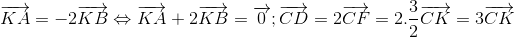 overrightarrow{KA}=-2overrightarrow{KB}Leftrightarrow overrightarrow{KA}+2overrightarrow{KB}=overrightarrow{0}; overrightarrow{CD}=2overrightarrow{CF}=2.frac{3}{2}overrightarrow{CK}=3overrightarrow{CK}