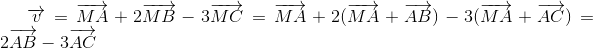 overrightarrow{v}=overrightarrow{MA}+2overrightarrow{MB}-3overrightarrow{MC}=overrightarrow{MA}+2(overrightarrow{MA}+overrightarrow{AB})-3(overrightarrow{MA}+overrightarrow{AC})=2overrightarrow{AB}-3overrightarrow{AC}
